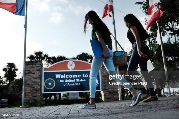 Sign welcomes people to the U.S. From Mexico on June 25, 2018 in Brownsville, Texas. Immigration has once again been put in the spotlight as...