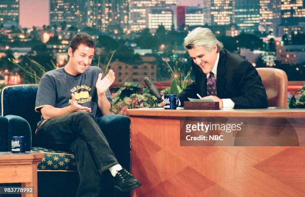 Episode 1628 -- Pictured: Actor and comedian Adam Sandler during an interview with host Jay Leno on June 17, 1999 --