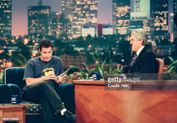 Episode 1628 -- Pictured: Actor and comedian Adam Sandler during an interview with host Jay Leno on June 17, 1999 --