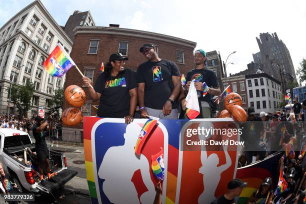 Kym Hampton, Jason Collins and Michael Beasley during the NYC Pride Parade on June 24, 2018 in New York City, New York. NOTE TO USER: User expressly...