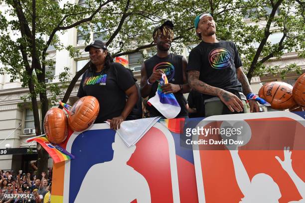 Kym Hampton, Reggie Bullock, and Michael Beasley during the NYC Pride Parade on June 24, 2018 in New York City, New York. NOTE TO USER: User...