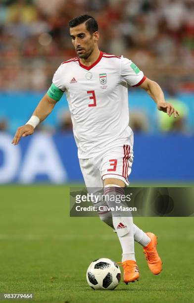 Ehsan Haji Safi of Iran in action during the 2018 FIFA World Cup Russia group B match between Iran and Portugal at Mordovia Arena on June 25, 2018 in...