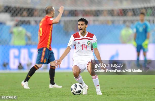 Mbark Boussoufa of Morocco reacts during the 2018 FIFA World Cup Russia group B match between Spain and Morocco at Kaliningrad Stadium on June 25,...