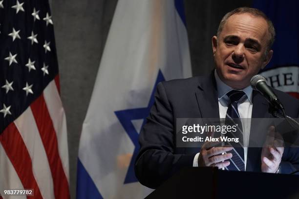 Israeli Minister of National Infrastructure, Energy and Water Resources Yuval Steinitz speaks during a lunch event at the U.S. Chamber of Commerce...