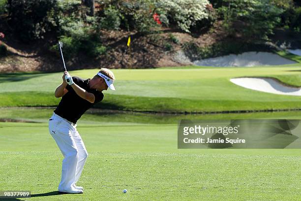 Soren Kjeldsen of Denmark hits his tee shot on the 12th hole during the third round of the 2010 Masters Tournament at Augusta National Golf Club on...