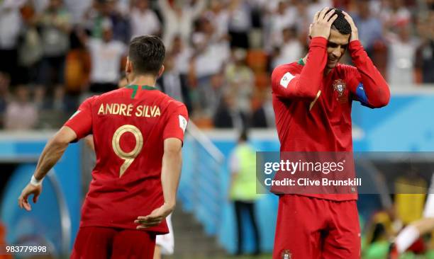 Cristiano Ronaldo of Portugal reacts after missing a penalty during the 2018 FIFA World Cup Russia group B match between Iran and Portugal at...