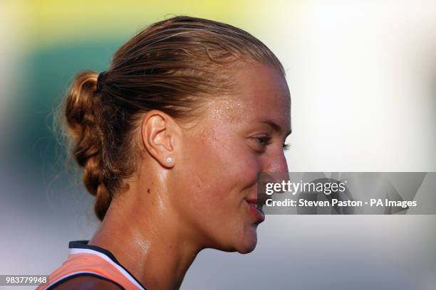 France's Kristina Mladenovic speaks to the media after beating Great Britain's Heather Watson during day two of the Nature Valley International at...