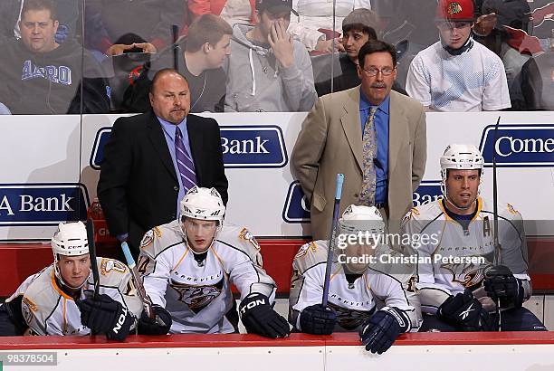 Head coach Barry Trotz of the Nashville Predators during the NHL game against the Phoenix Coyotes at Jobing.com Arena on April 7, 2010 in Glendale,...