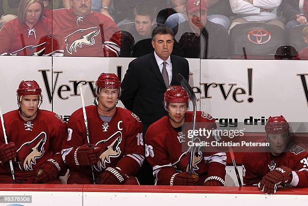 Head coach Dave Tippett of the Phoenix Coyotes during the NHL game against the Nashville Predators at Jobing.com Arena on April 7, 2010 in Glendale,...