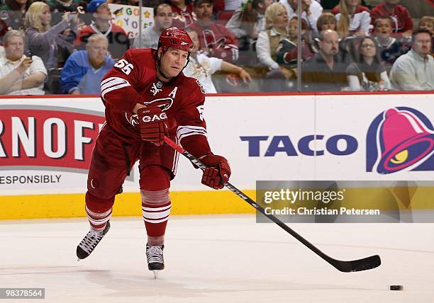 Ed Jovanovski of the Phoenix Coyotes passes the puck during the NHL game against the Nashville Predators at Jobing.com Arena on April 7, 2010 in...