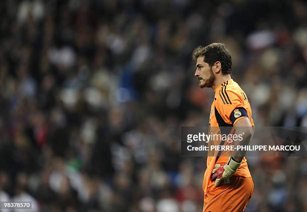 Real Madrid's goalkeeper Iker Casillas gestures during the 'El Clasico' Spanish League football match Real Madrid against Barcelona at the Santiago...