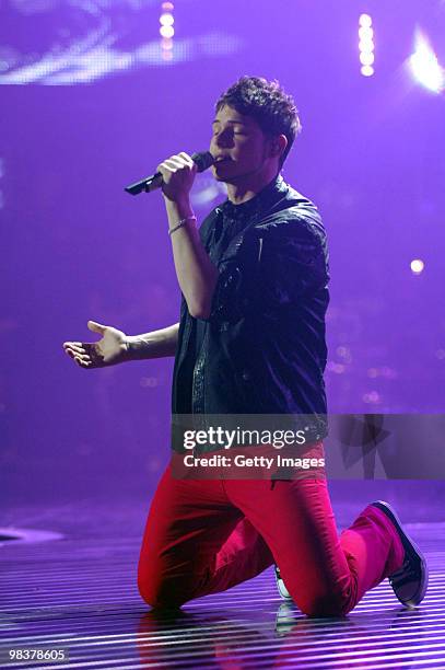 Manuel Hoffmann performs during the contest DSDS - Deutschland Sucht Den Superstar semifinal Mottoshow on April 10, 2010 in Cologne, Germany.