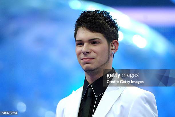 Manuel Hoffmann performs during the contest DSDS - Deutschland Sucht Den Superstar semifinal Mottoshow on April 10, 2010 in Cologne, Germany.