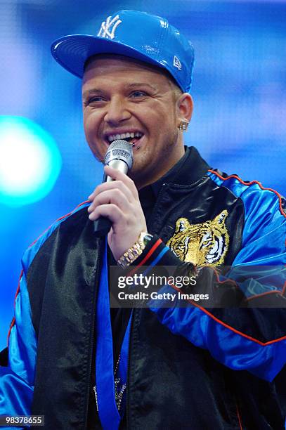 Menowin Froehlich performs during the contest DSDS - Deutschland Sucht Den Superstar semifinal Mottoshow on April 10, 2010 in Cologne, Germany.