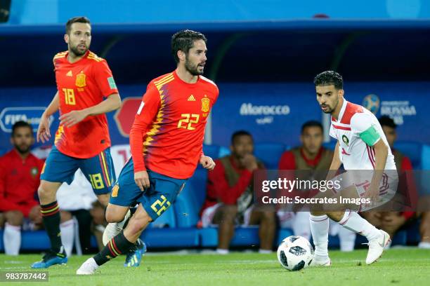 Isco of Spain, Mbark Boussoufa of Morocco during the World Cup match between Spain v Morocco at the Kaliningrad Stadium on June 25, 2018 in...