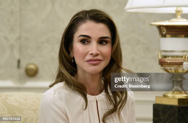 Rania Al-Abdullah, Queen of Jordan, sits during a meeting with U.S. President Donald Trump and King Abdullah II of Jordan, not pictured, in the Oval...