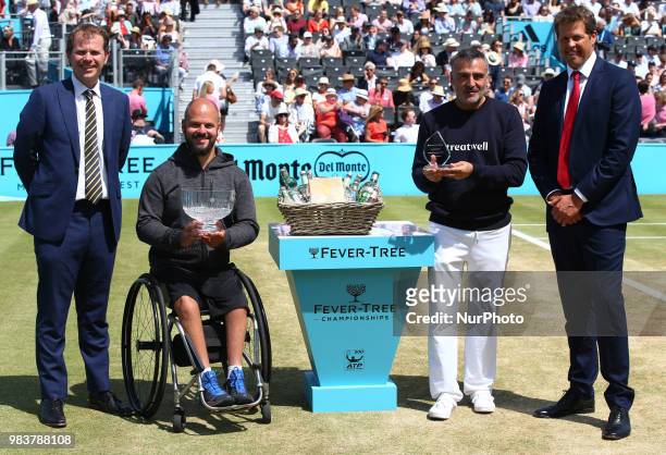 Men's wheelchair presentation with winner Stefan Olsson of Sweden and runner up Stephane Houdet of France during Day 7 of the Fever-Tree...