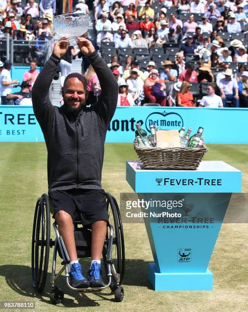 Men's wheelchair presentation with winner Stefan Olsson of Sweden during Day 7 of the Fever-Tree Championships at Queens Club on June 24, 2018 in...