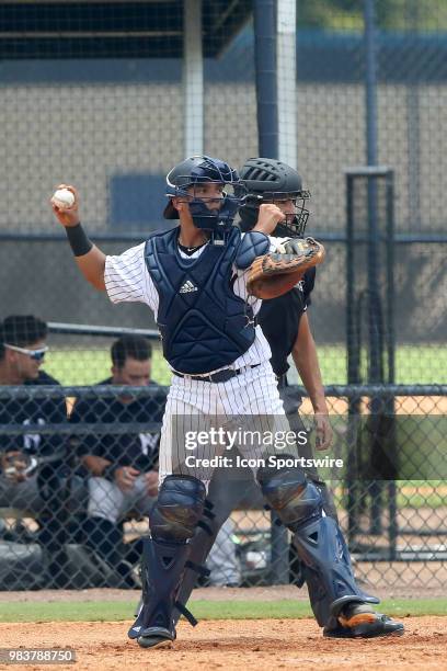 Clearwater, FL 2018 New York Yankees first round pick Anthony Seigler at catcher throwing the baseball during the Gulf Coast League game between the...