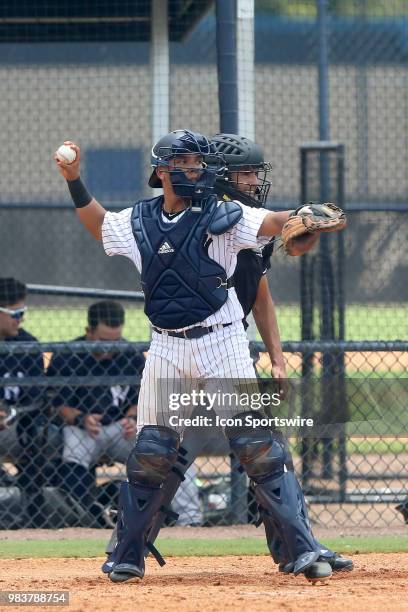 Clearwater, FL 2018 New York Yankees first round pick Anthony Seigler at catcher throwing the baseball during the Gulf Coast League game between the...