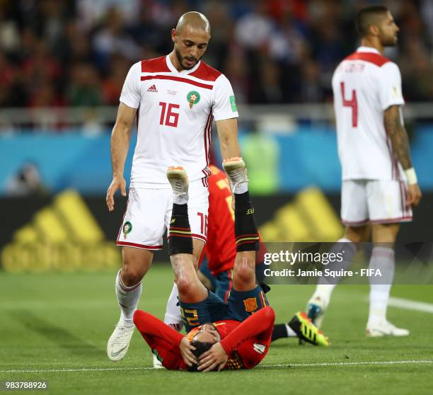 Isco of Spain goes down injured during the 2018 FIFA World Cup Russia group B match between Spain and Morocco at Kaliningrad Stadium on June 25, 2018...