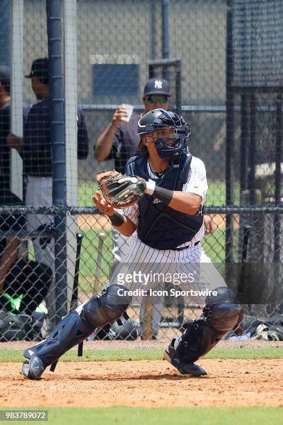 Clearwater, FL 2018 New York Yankees first round pick Anthony Seigler at catcher throwing the baseball during the Gulf Coast League game between the...