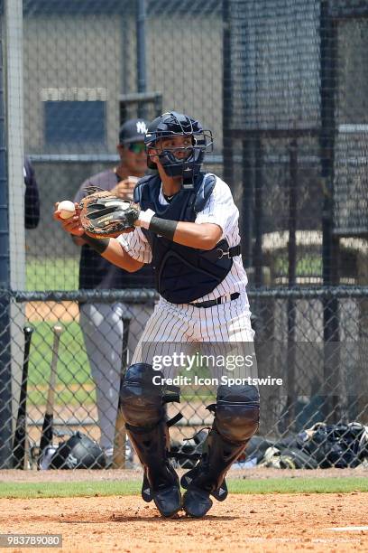 Clearwater, FL 2018 New York Yankees first round pick Anthony Seigler at catcher throwing the baseball during the Gulf Coast League game between the...