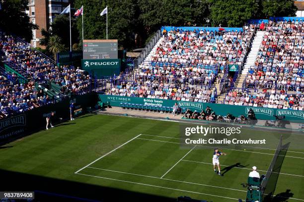 Andy Murray of Great Britain in action during his mens singles match against Stan Wawrinka of Switzerland during Day Four of the Nature Valley...