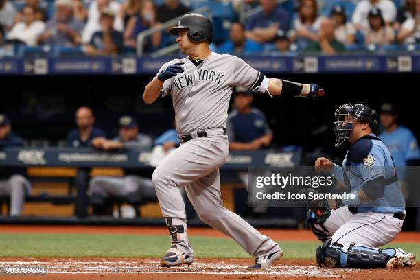 New York Yankees catcher Gary Sanchez at bat during the regular season MLB game between the New York Yankees and Tampa Bay Rays on June 24, 2018 at...