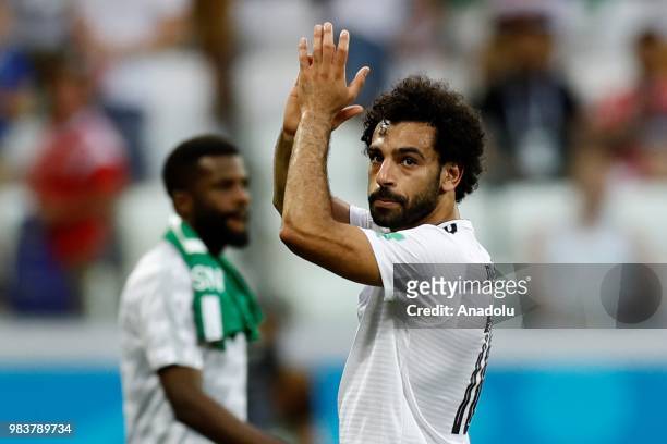 Mohamed Salah of Egypt is seen during during the 2018 FIFA World Cup Russia Group A match between Saudi Arabia and Egypt at the Volgograd Arena in...