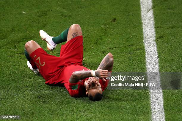 Ricardo Quaresma of Portugal lies on the pitch injured during the 2018 FIFA World Cup Russia group B match between Iran and Portugal at Mordovia...