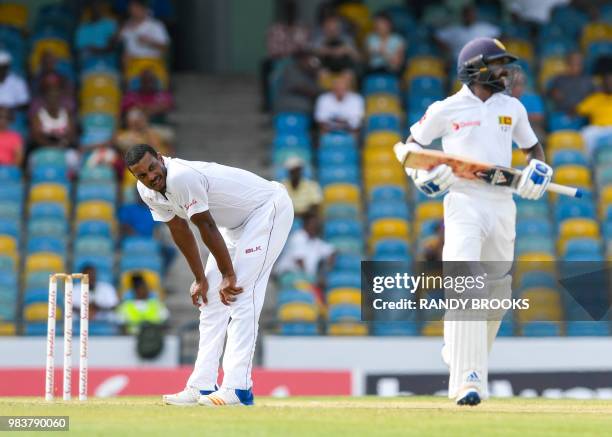 Shannon Gabriel of West Indies reacts after Niroshan Dickwella of Sri Lanka got runs during day 3 of the 3rd Test between West Indies and Sri Lanka...