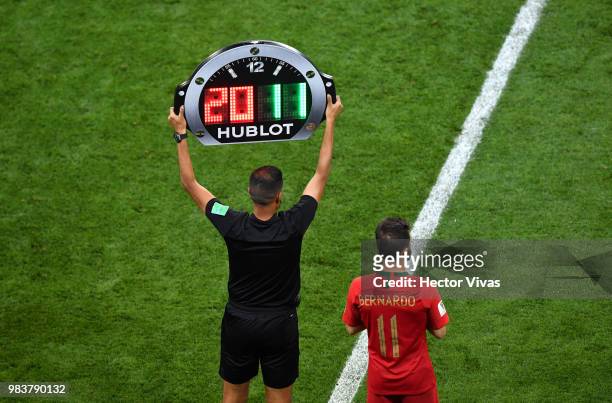 Bernardo Silva prepares to come on as a substitute for Ricardo Quaresma of Portugal during the 2018 FIFA World Cup Russia group B match between Iran...