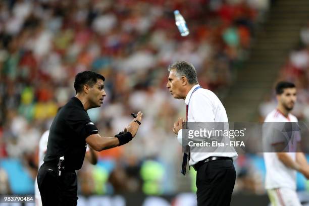 Carlos Queiroz, Head coach of Iran argues with Referee Enrique Caceres during the 2018 FIFA World Cup Russia group B match between Iran and Portugal...