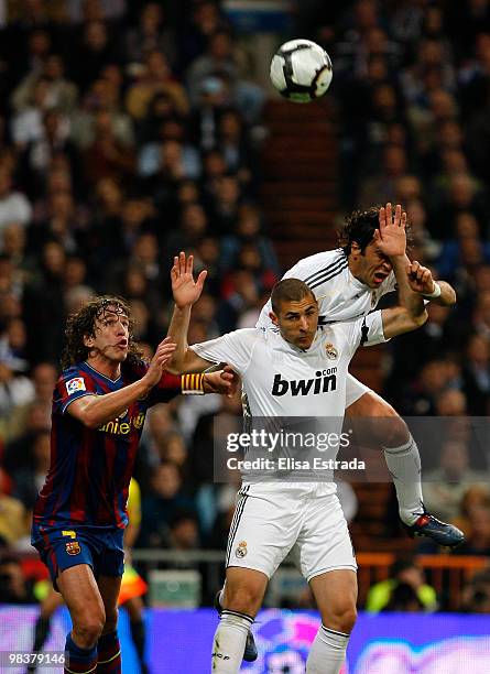 Karim Benzema and Raul Gonzalez of Real Madrid in action during the La Liga match between Real Madrid and Barcelona at Estadio Santiago Bernabeu on...