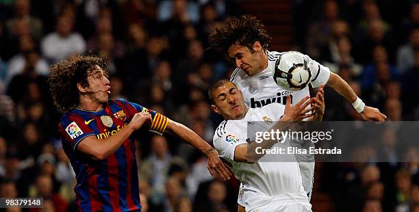 Karim Benzema and Raul Gonzalez of Real Madrid in action during the La Liga match between Real Madrid and Barcelona at Estadio Santiago Bernabeu on...