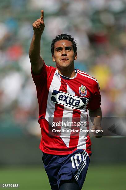 Jesus Padilla of Chivas USA celebrates his second goal in their MLS match against the New York Red Bulls in the second half at the Home Depot Center...