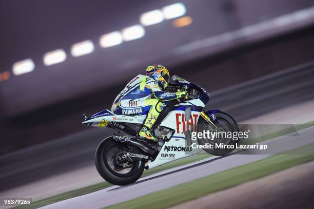Valentino Rossi of Italy and Fiat Yamaha Team during the second day of testing ahead of the Qatar Grand Prix at Losail Circuit on April 10, 2010 in...