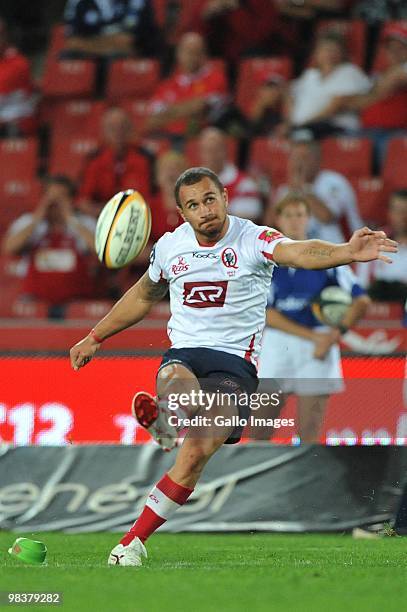 Quade Cooper of the Reds with a conversion kick during the Super 14 match between Lions and Reds from Coca Cola Park Stadium on April 10, 2010 in...