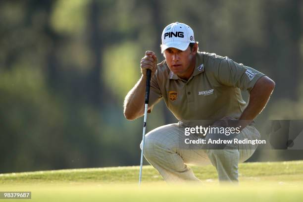 Lee Westwood of England lines up a putt on the 17th green during the third round of the 2010 Masters Tournament at Augusta National Golf Club on...