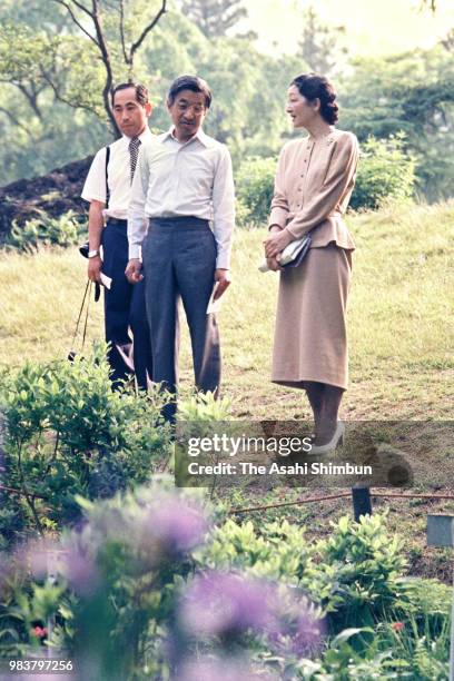 Crown Prince Akihito and Crown Princess Michiko visit the University of Tokyo Nikko Botanical Garden on June 5, 1987 in Nikko, Tochigi, Japan.