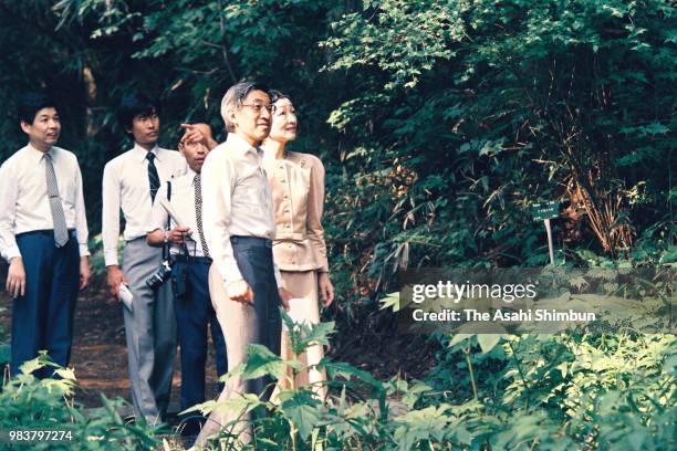 Crown Prince Akihito and Crown Princess Michiko visit the University of Tokyo Nikko Botanical Garden on June 5, 1987 in Nikko, Tochigi, Japan.