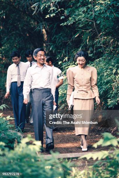 Crown Prince Akihito and Crown Princess Michiko visit the University of Tokyo Nikko Botanical Garden on June 5, 1987 in Nikko, Tochigi, Japan.