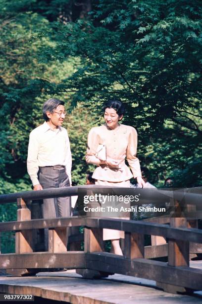 Crown Prince Akihito and Crown Princess Michiko visit the University of Tokyo Nikko Botanical Garden on June 5, 1987 in Nikko, Tochigi, Japan.