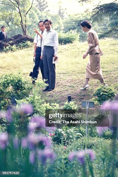 Crown Prince Akihito and Crown Princess Michiko visit the University of Tokyo Nikko Botanical Garden on June 5, 1987 in Nikko, Tochigi, Japan.