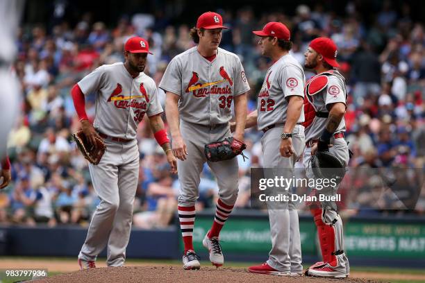 Manager Mike Matheny of the St. Louis Cardinals relieves Miles Mikolas in the seventh inning against the Milwaukee Brewers at Miller Park on June 23,...