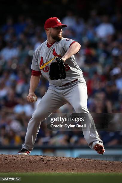 Bud Norris of the St. Louis Cardinals pitches in the ninth inning against the Milwaukee Brewers at Miller Park on June 23, 2018 in Milwaukee,...