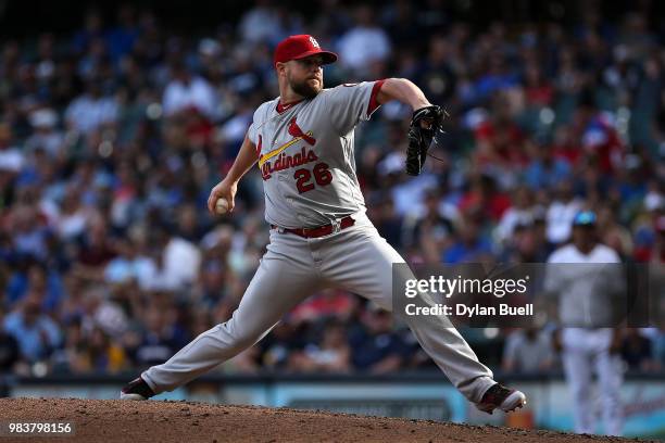 Bud Norris of the St. Louis Cardinals pitches in the ninth inning against the Milwaukee Brewers at Miller Park on June 23, 2018 in Milwaukee,...