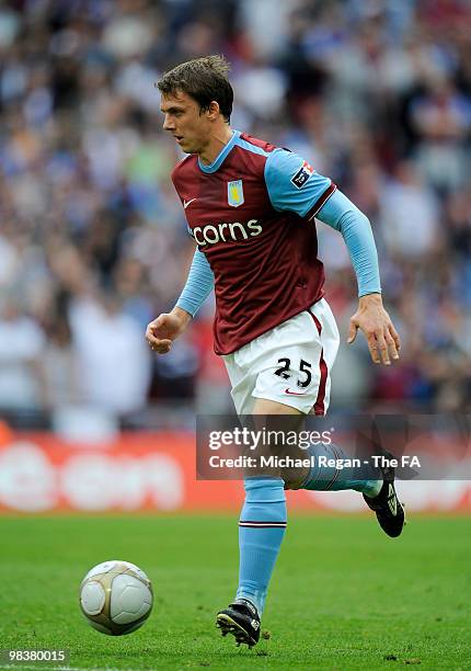 Stephen Warnock of Aston Villa in action during the FA Cup sponsored by E.ON Semi Final match between Aston Villa and Chelsea at Wembley Stadium on...