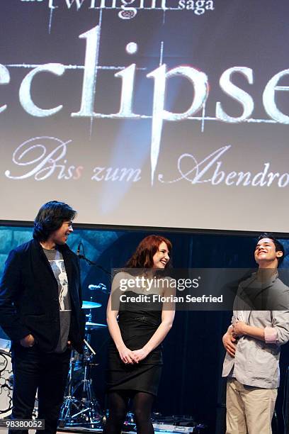 Actor Chaske Spencer and actress Bryce Dallas Howard and actor Bronson Pelletier attend the 'Twilight: New Moon' fan-event at Hangar 2 of the...